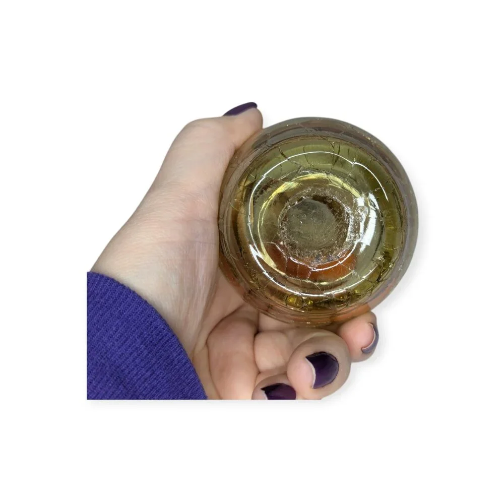 Pilgrim Honey Amber Crackle Glass Vase w/Applied Handle Ruffled Rim 4
